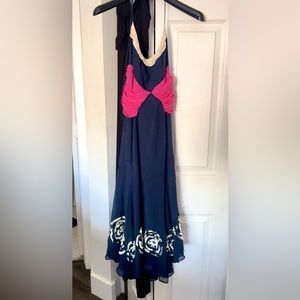 BCBGMAXAZRIA Size 10 midi dress. Navy blue, hot pink and ivory details.